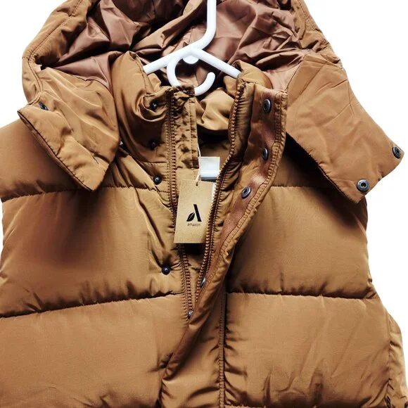 Mens Hooded Puffer Vest Jacket SZ S Brown Quilted Sleeveless Zipper Snap Front - Picture 7 of 8